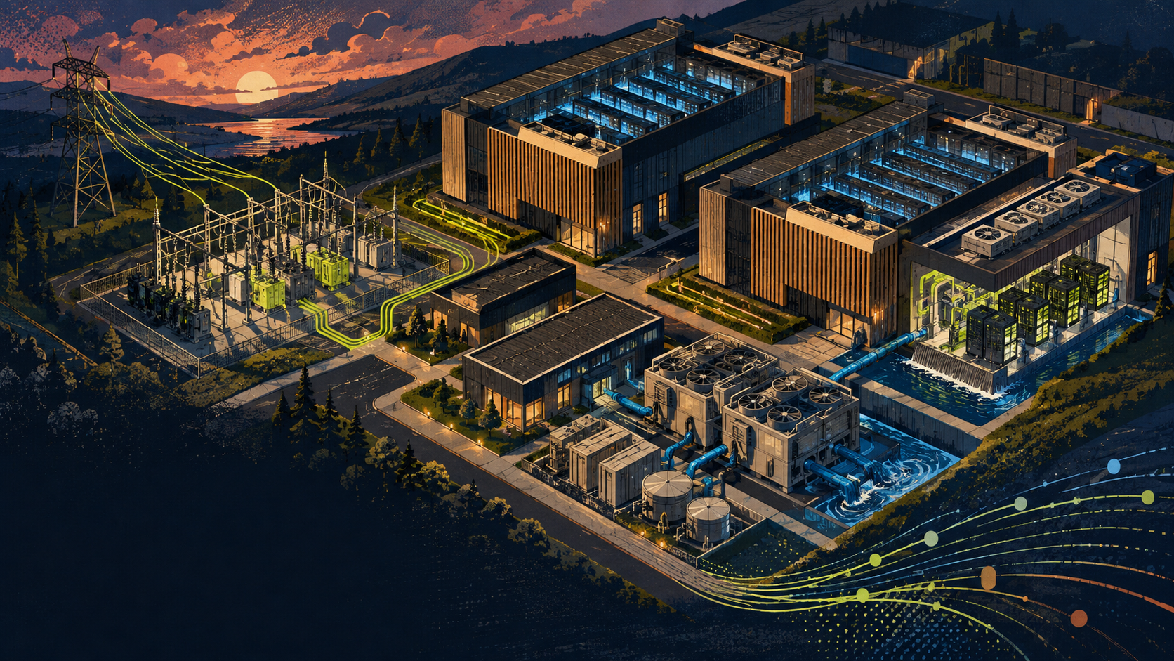 An illustrated isometric AI data-center campus showing power lines, compute halls and cooling systems at dusk